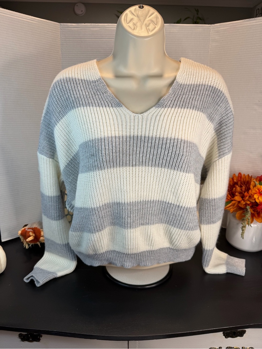 Striped V-Neck Women’s Sweater in Gray and Cream